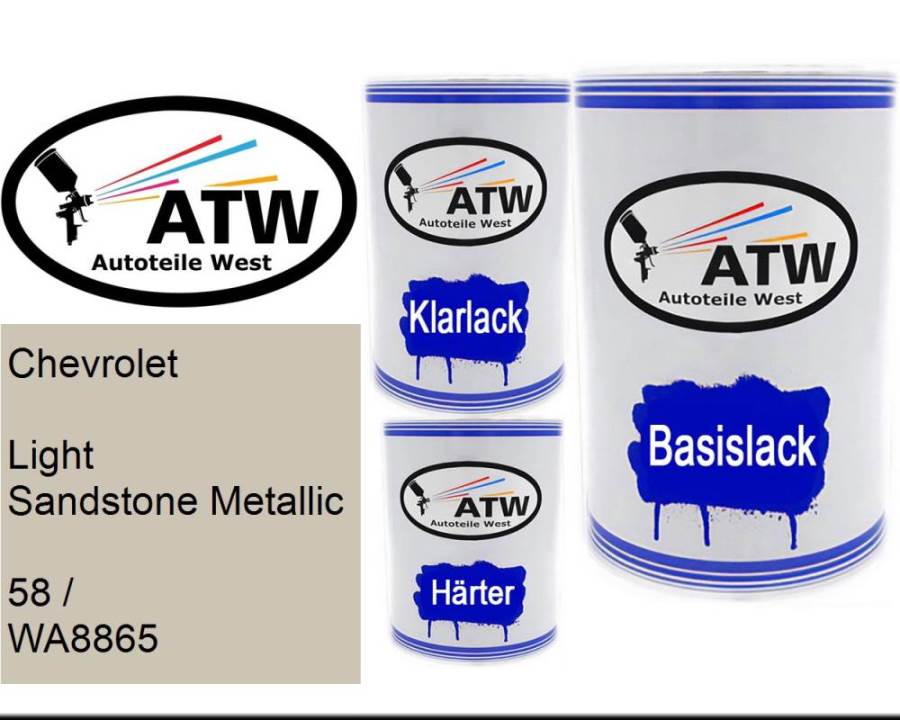 Chevrolet, Light Sandstone Metallic, 58 / WA8865: 500ml Lackdose + 500ml Klarlack + 250ml Härter - Set, von ATW Autoteile West.